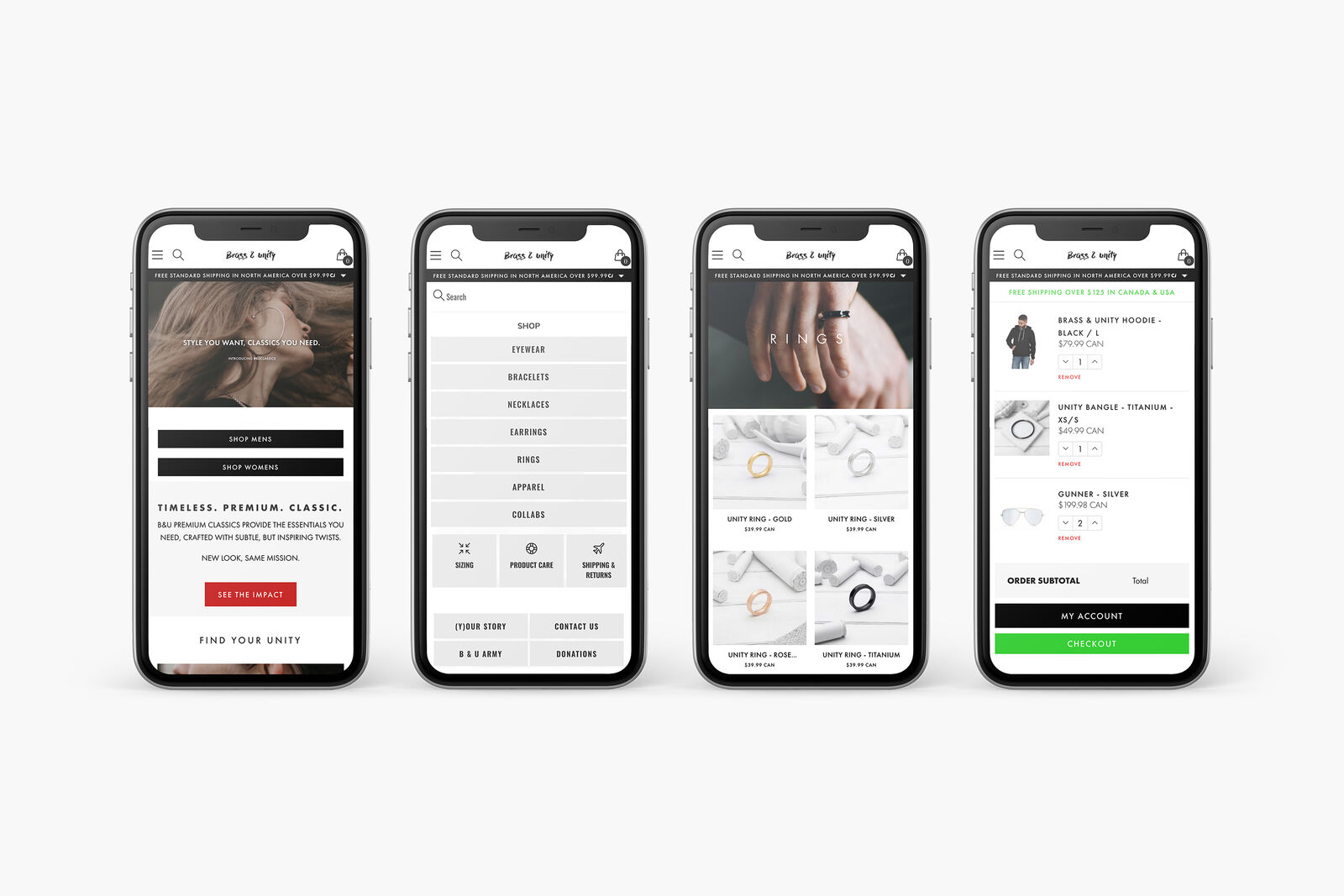 Brass & Unity Shopify mobile design